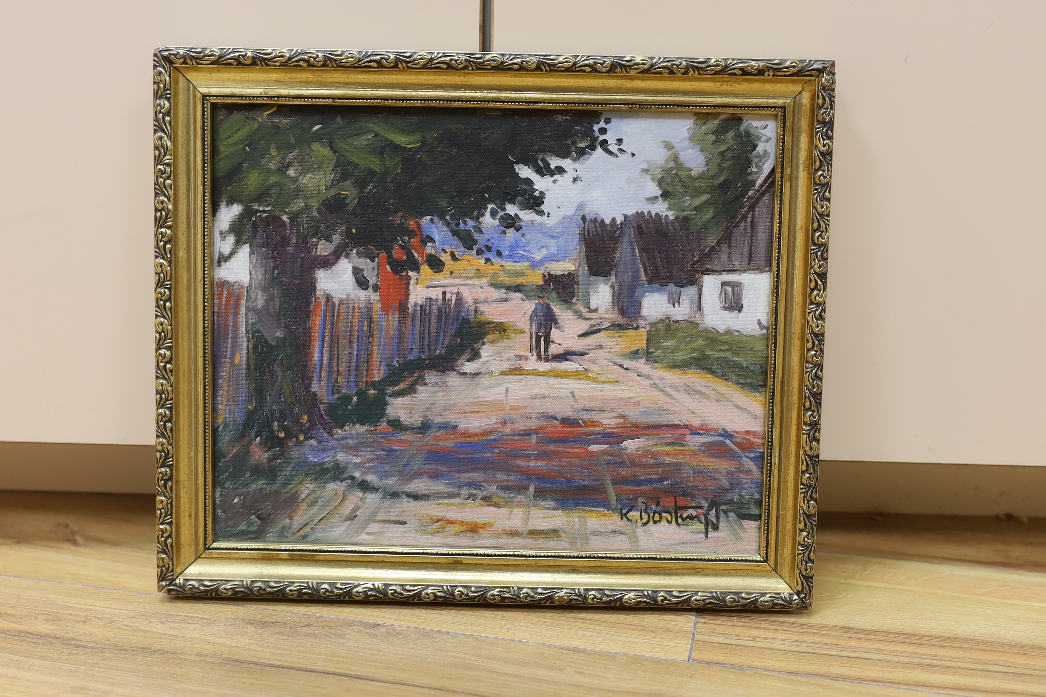 K. Bost..., oil on canvas, Continental street scene with figure, signed, 24 x 30cm